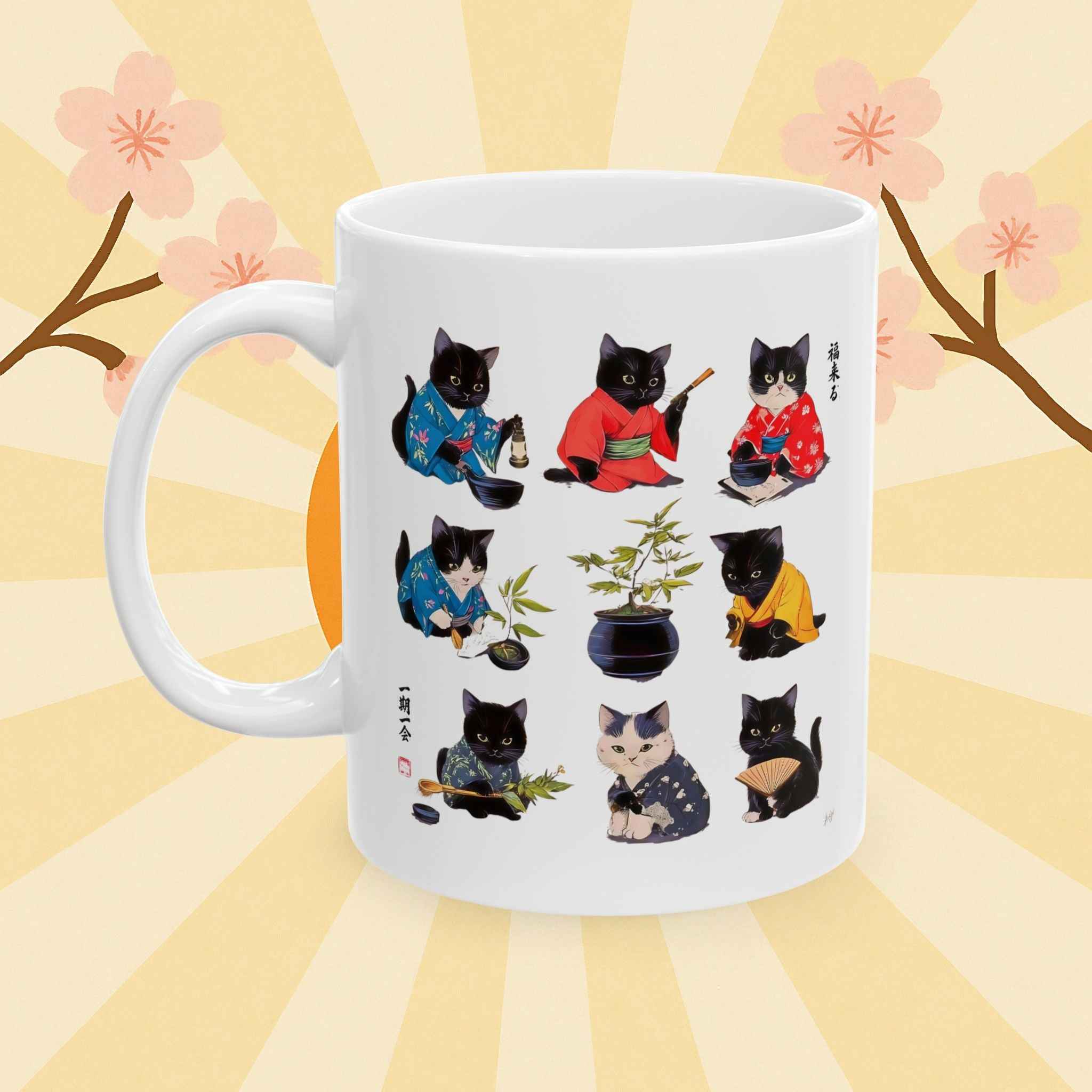 Hobby Cats in Kimonos Mug - Cute Cat Lover's Gift Featuring Adorable Feline Art