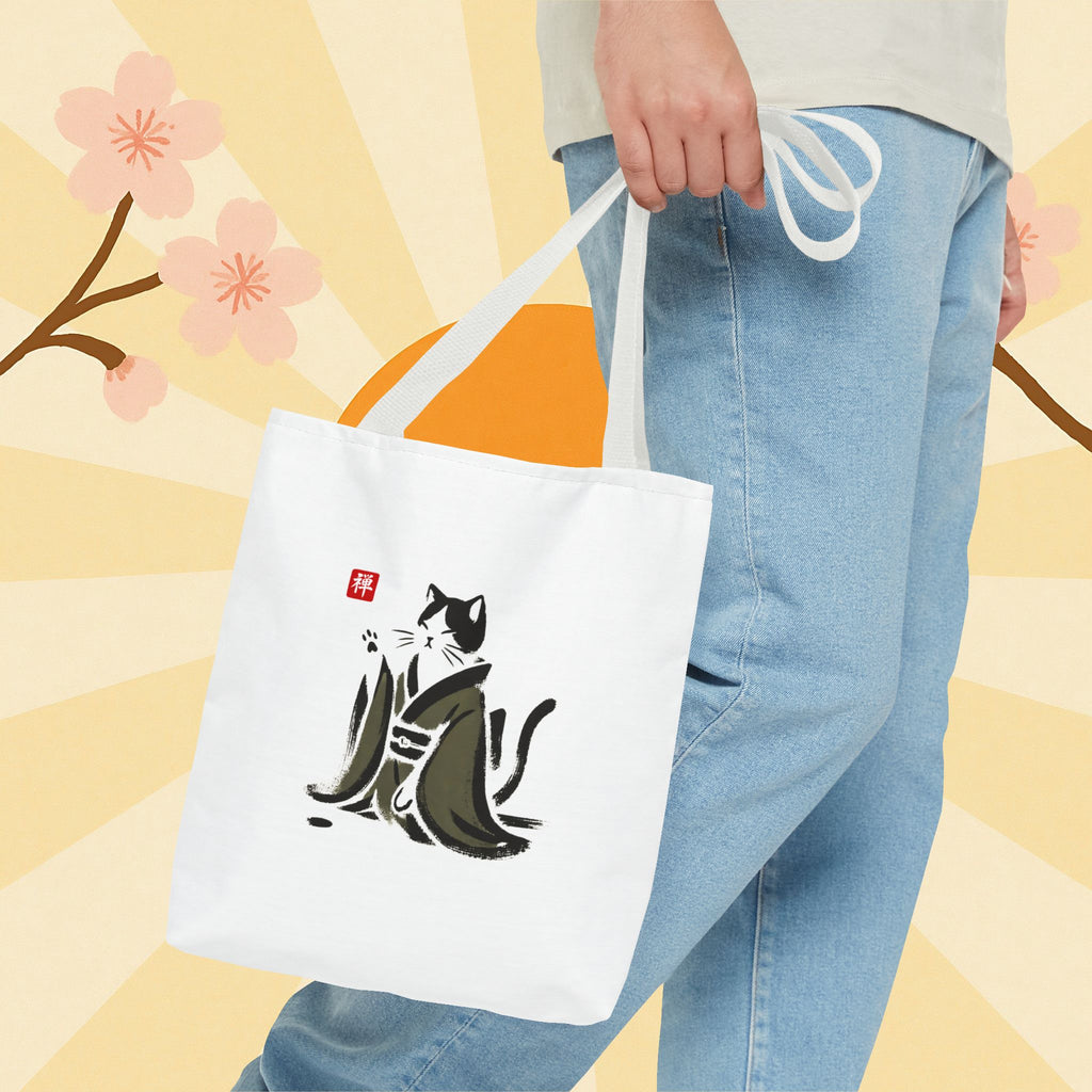 Zen Cat Tote Bag — Japanese Sumi-e Style Cat Illustration
