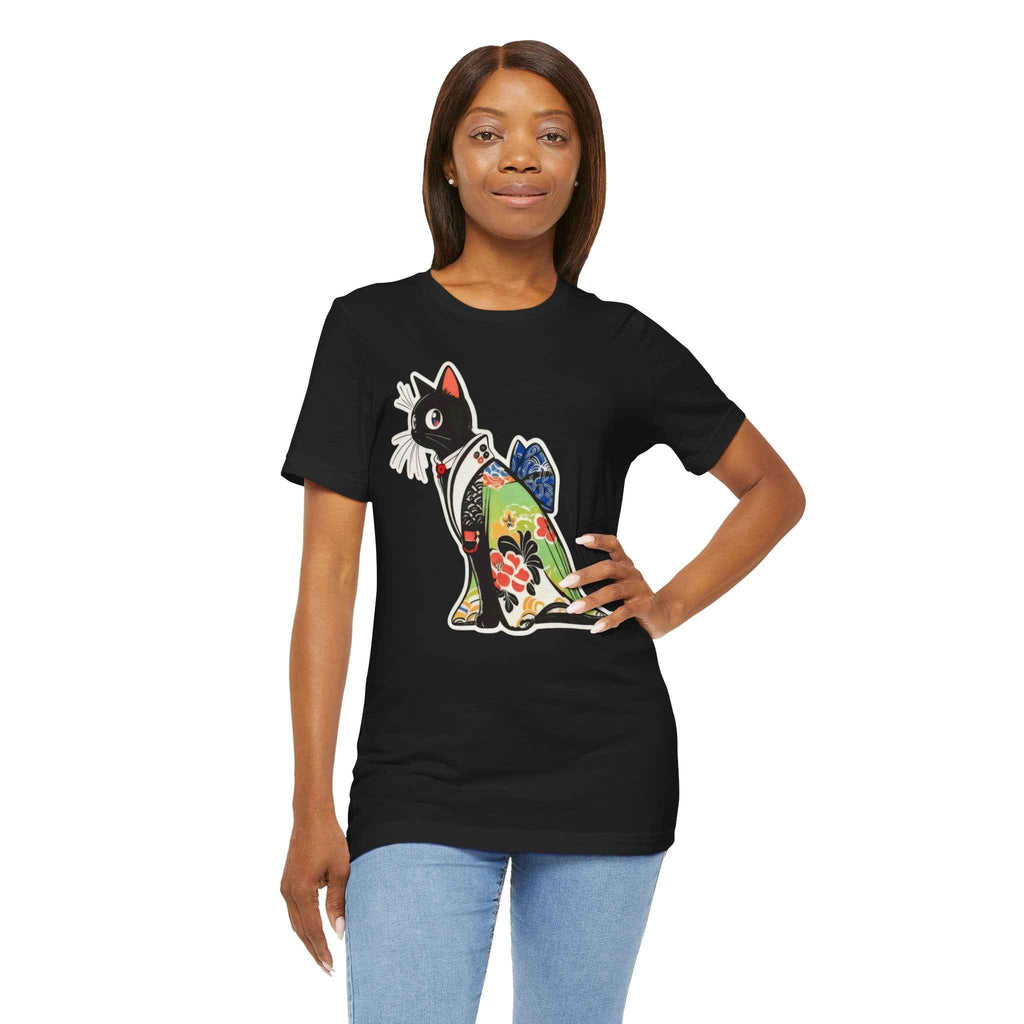 Cat Kimono T‑Shirt — Japanese Floral Black Cat Graphic Tee