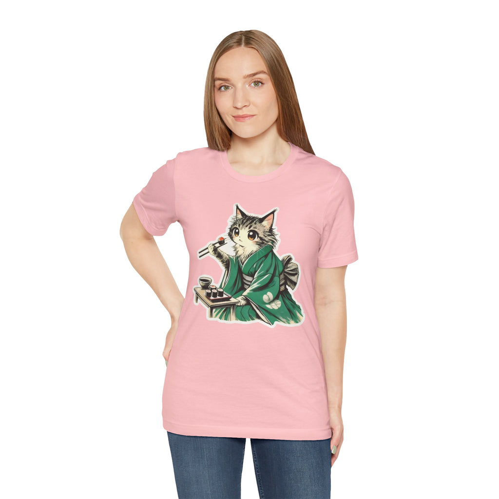 Kat Wearing Kimono Eating Sushi T-Shirt | Cute Japanese Cat Illustration