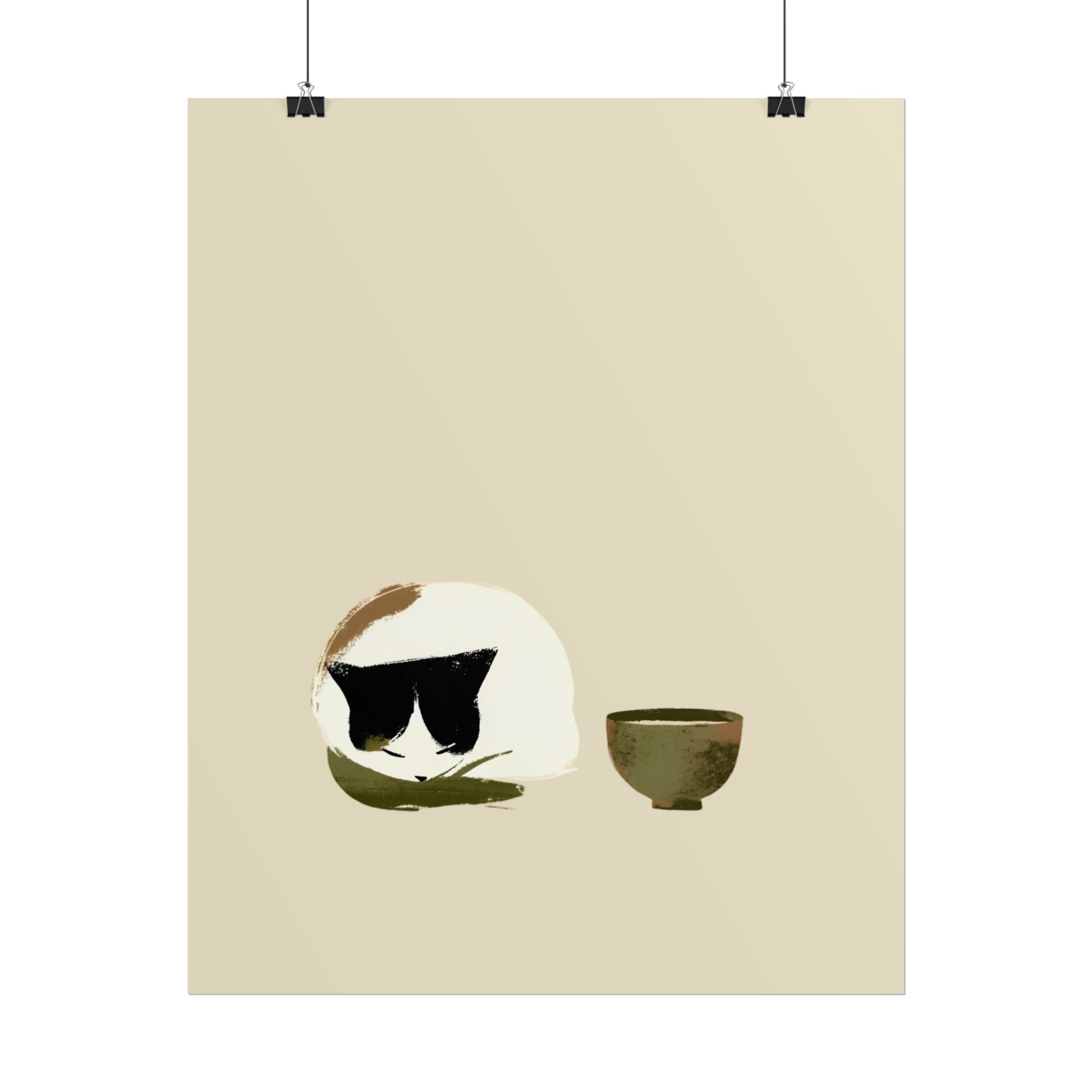 Minimal Cat and Tea Poster — Cute Calico Cat with Tea Cup Wall Art