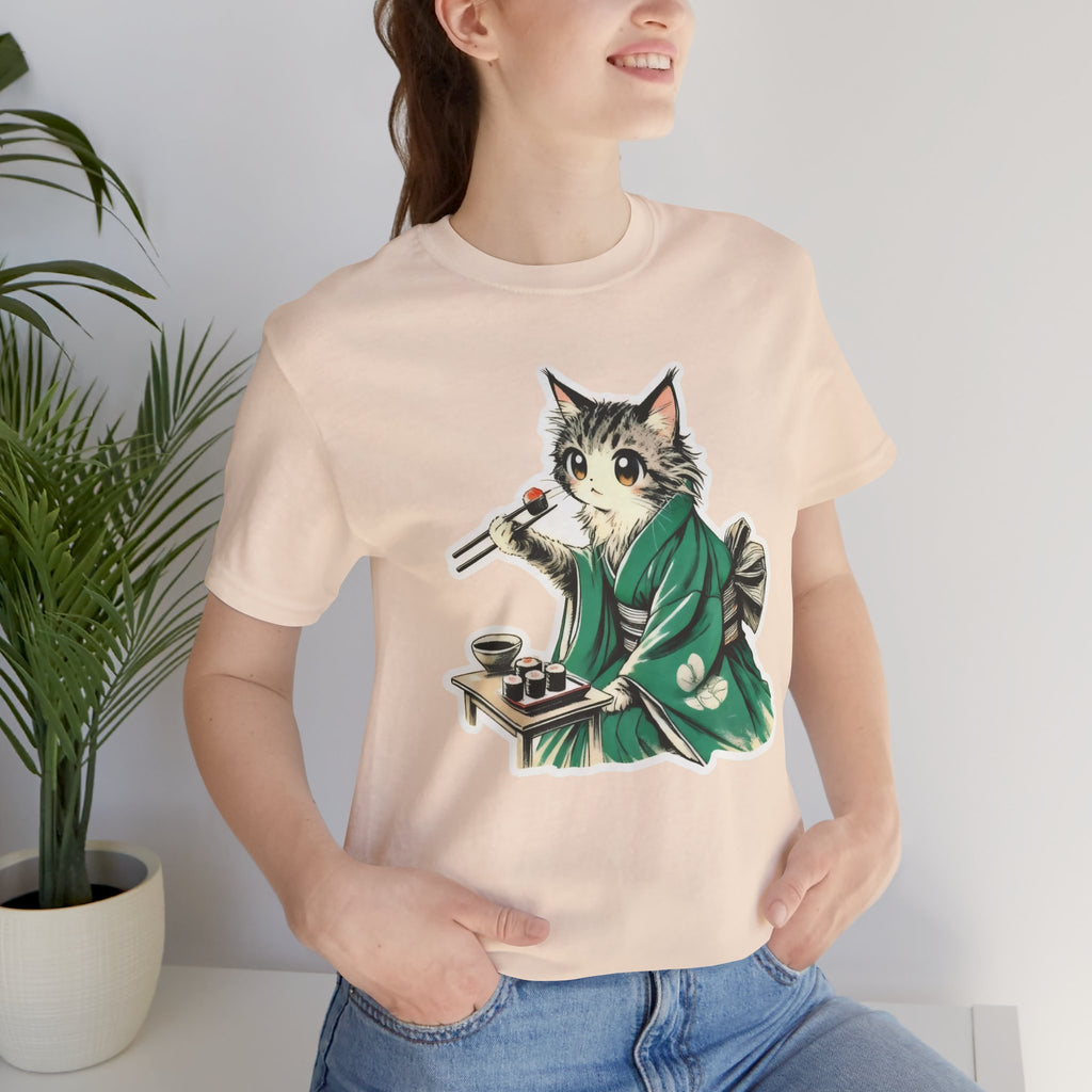 Kat Wearing Kimono Eating Sushi T-Shirt | Cute Japanese Cat Illustration