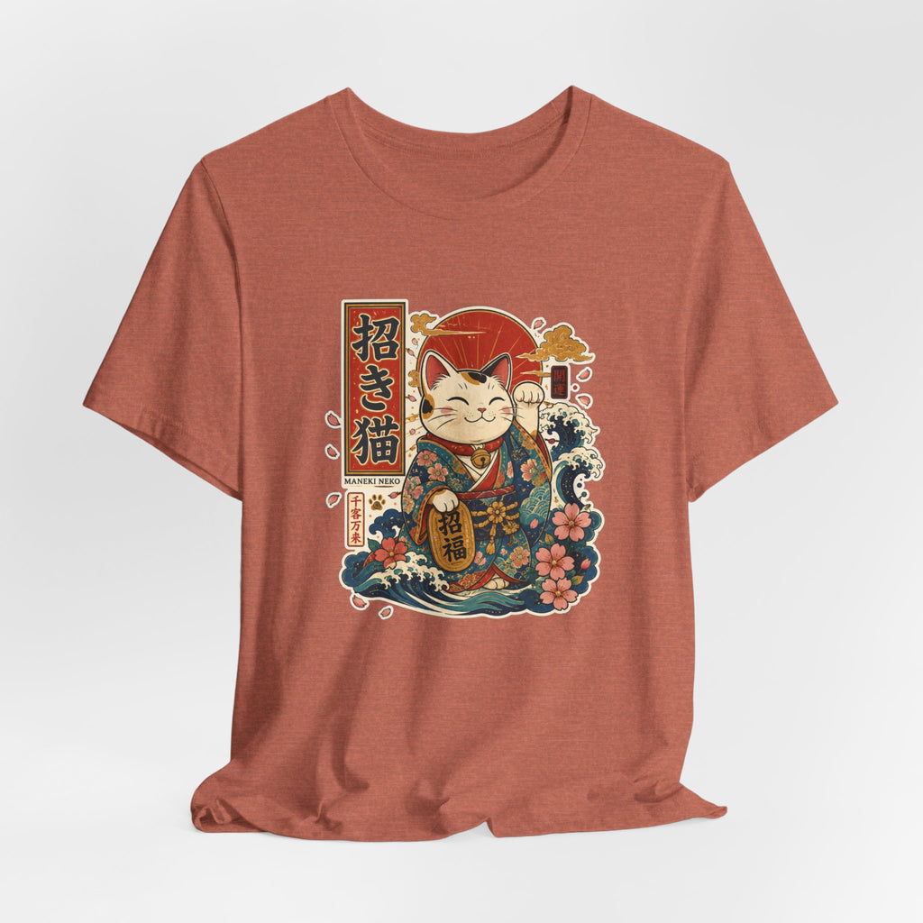 Maneki Neko Lucky Cat T-Shirt — Japanese Wave & Floral Good Fortune Tee