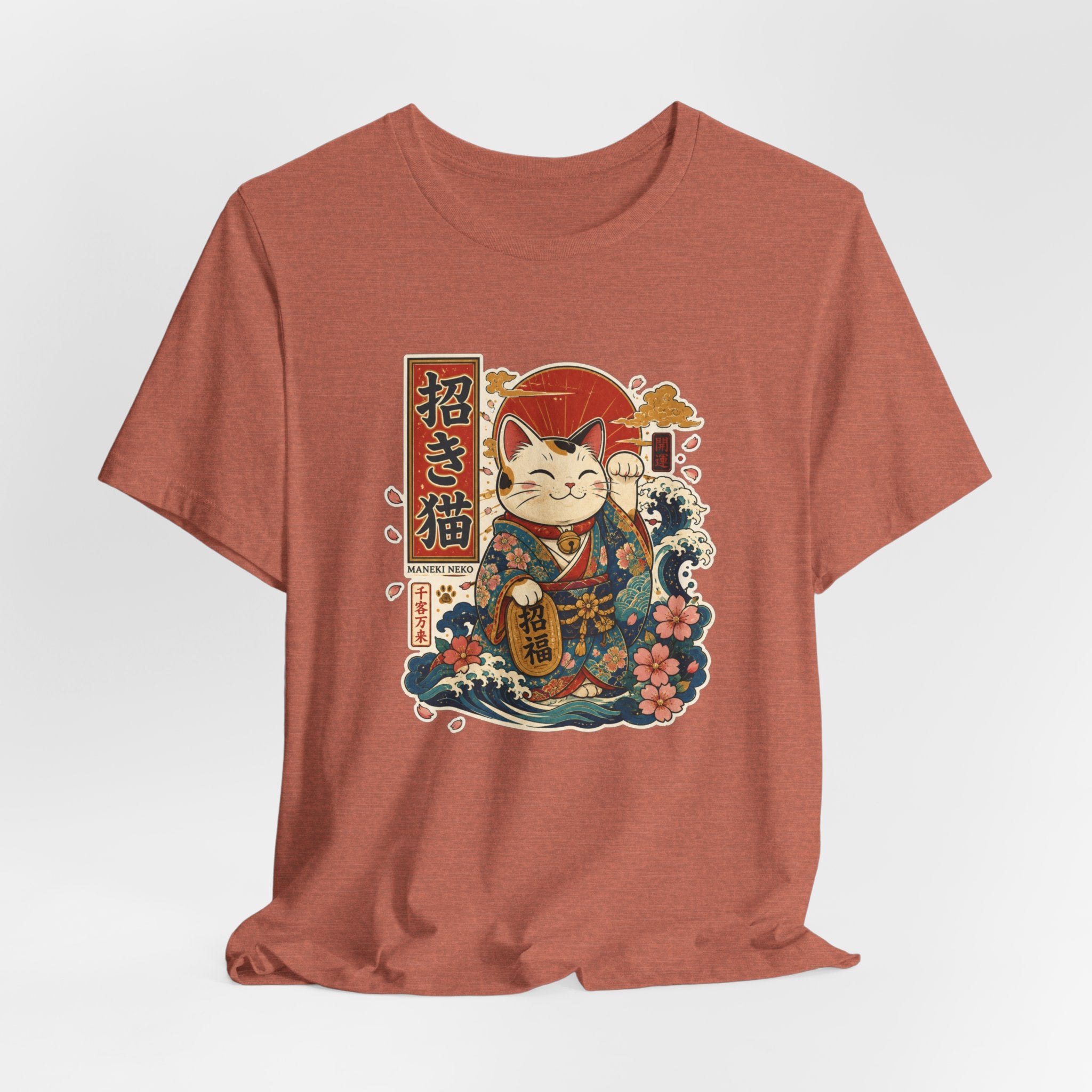 Maneki Neko Lucky Cat T-Shirt — Japanese Wave & Floral Good Fortune Tee