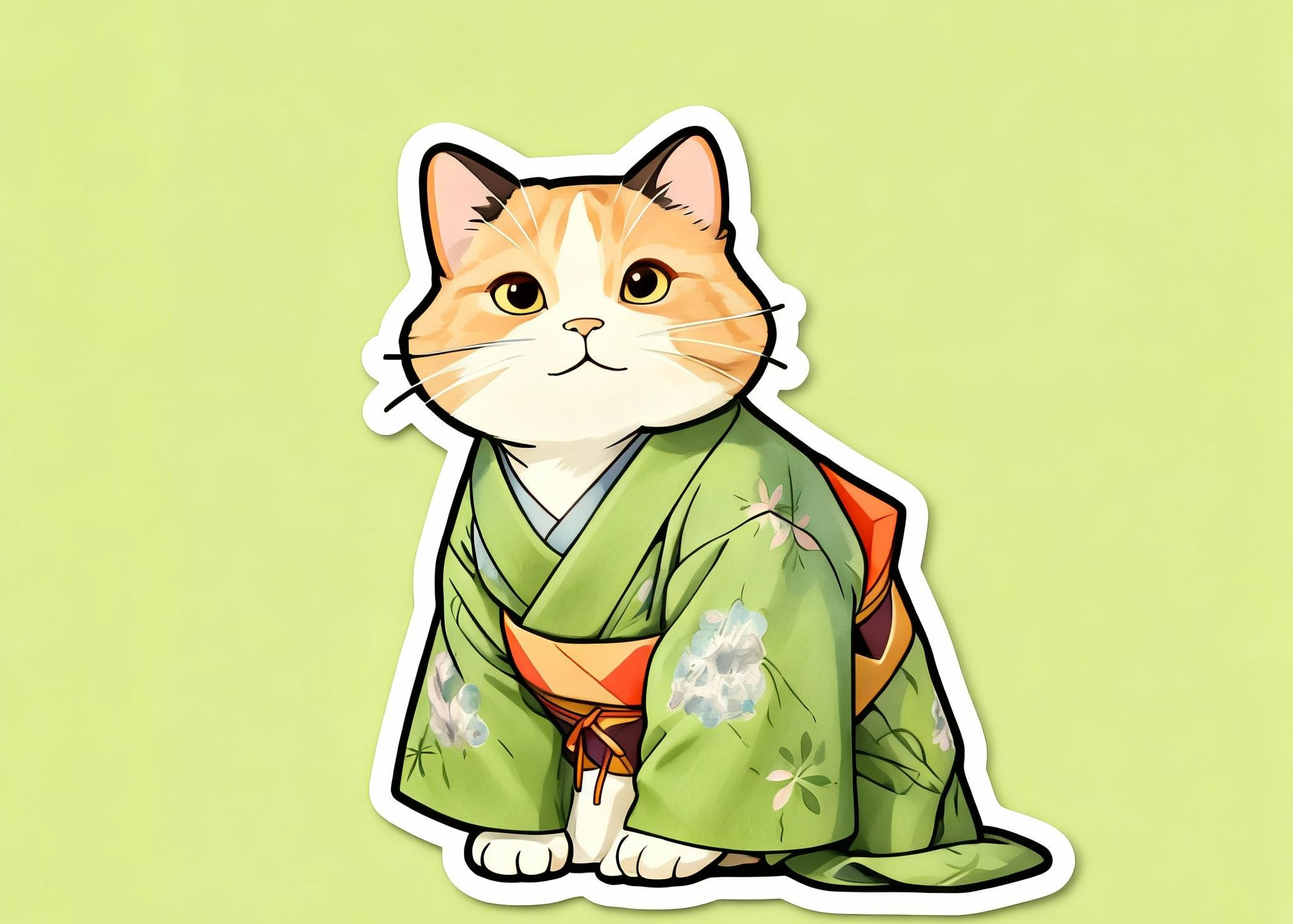 Cat in a green kimono on a light green background