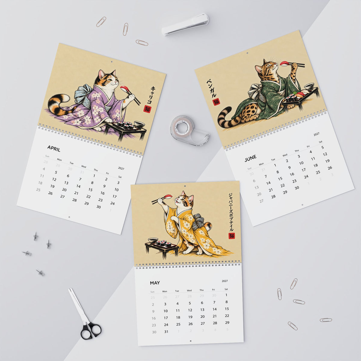Japanese Cat Sushi Art Wall Calendar 2027
