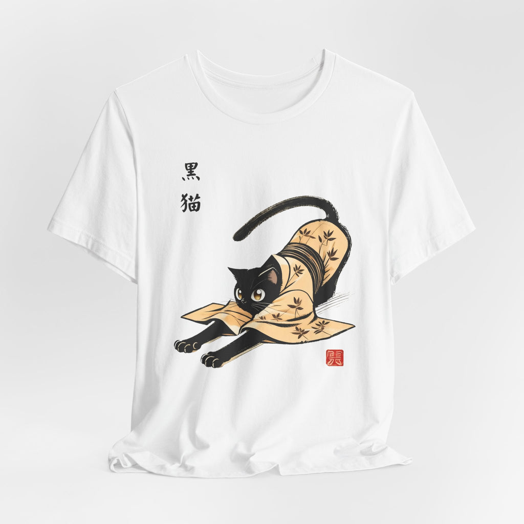 Yoga Black Cat Tee - Japan Kuro Neko in Kimono Design for Kundalini Yoga Enthusiasts - Kimono Cats Collection