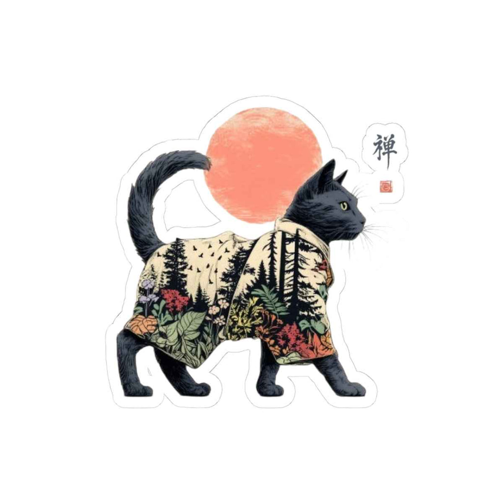 Black Cat with Forest Pattern Sticker | Kiss-Cut Vinyl Sticker