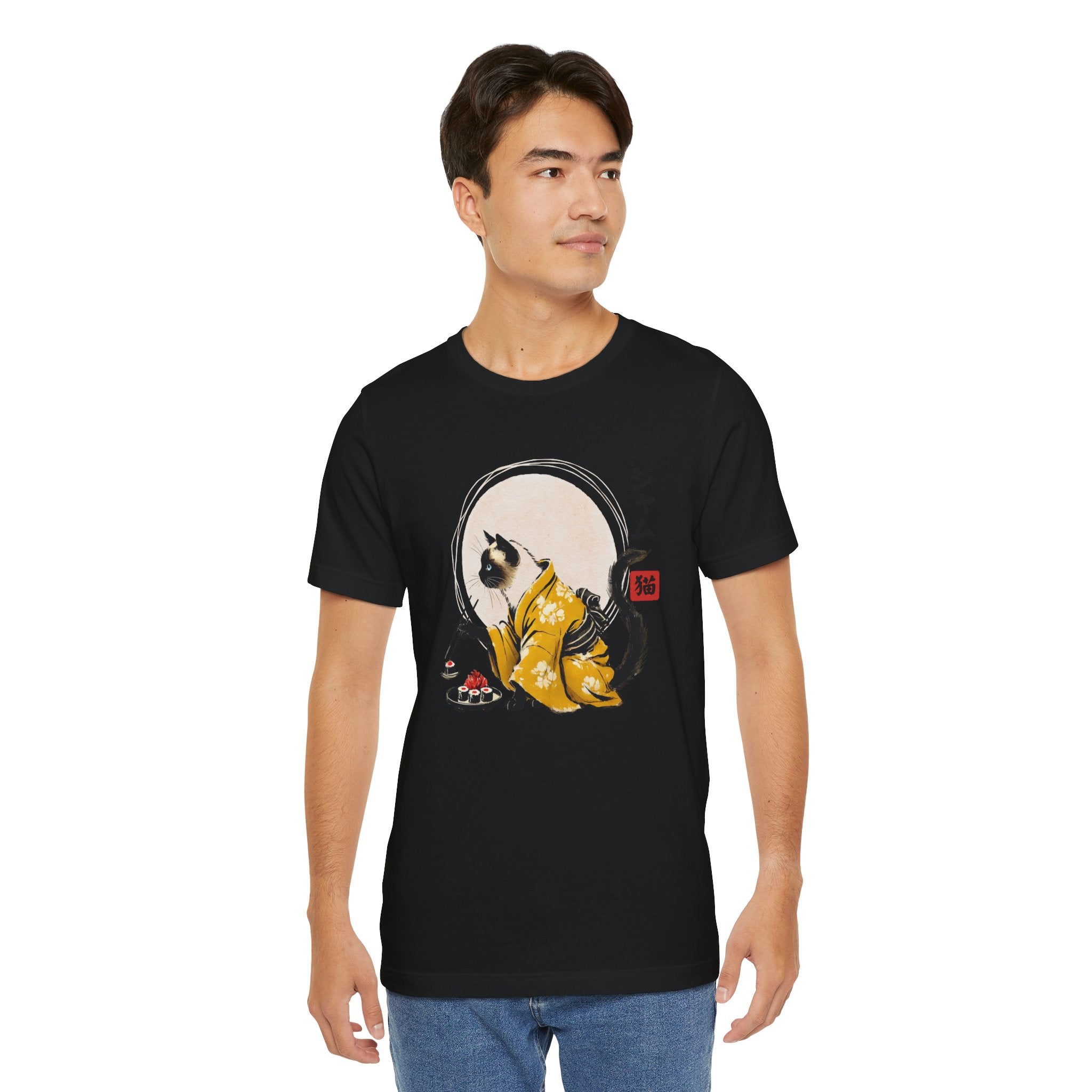 Siamese Cat Tee - Kimono Cat Eating Sushi T-Shirt, Japanese Neko