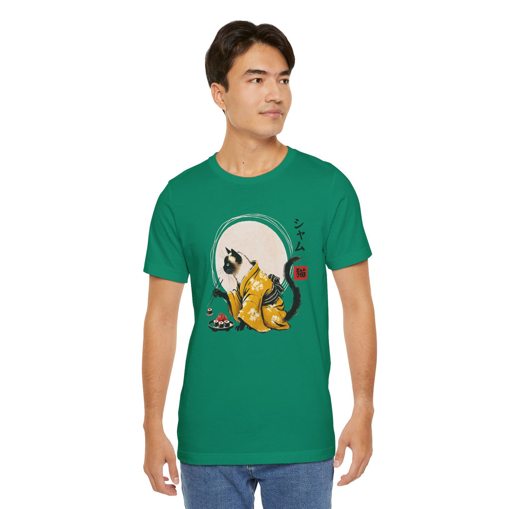 Siamese Cat Tee - Kimono Cat Eating Sushi T-Shirt, Japanese Neko