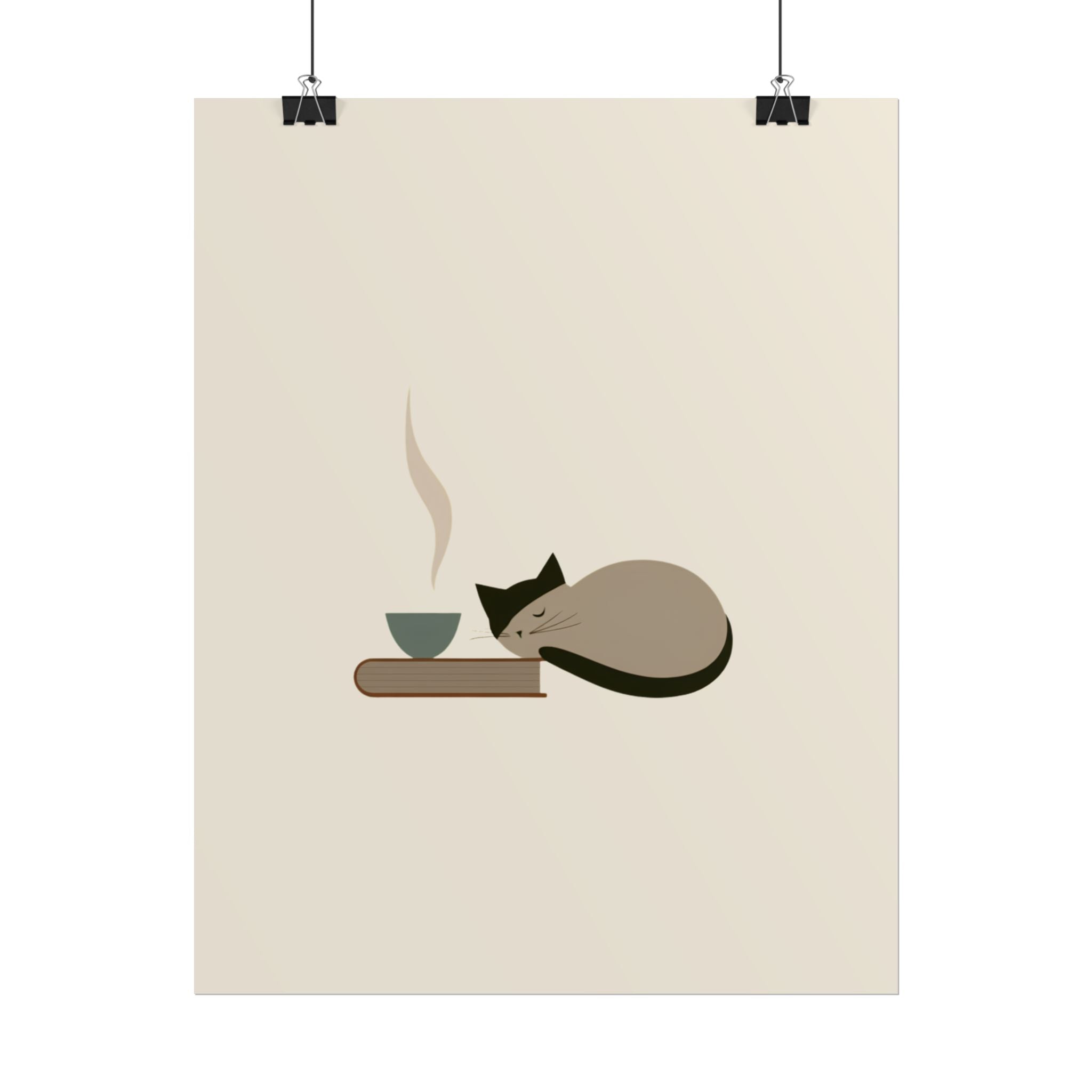 Minimalist Cat Nap Poster – Cozy Tea & Book Wall Art