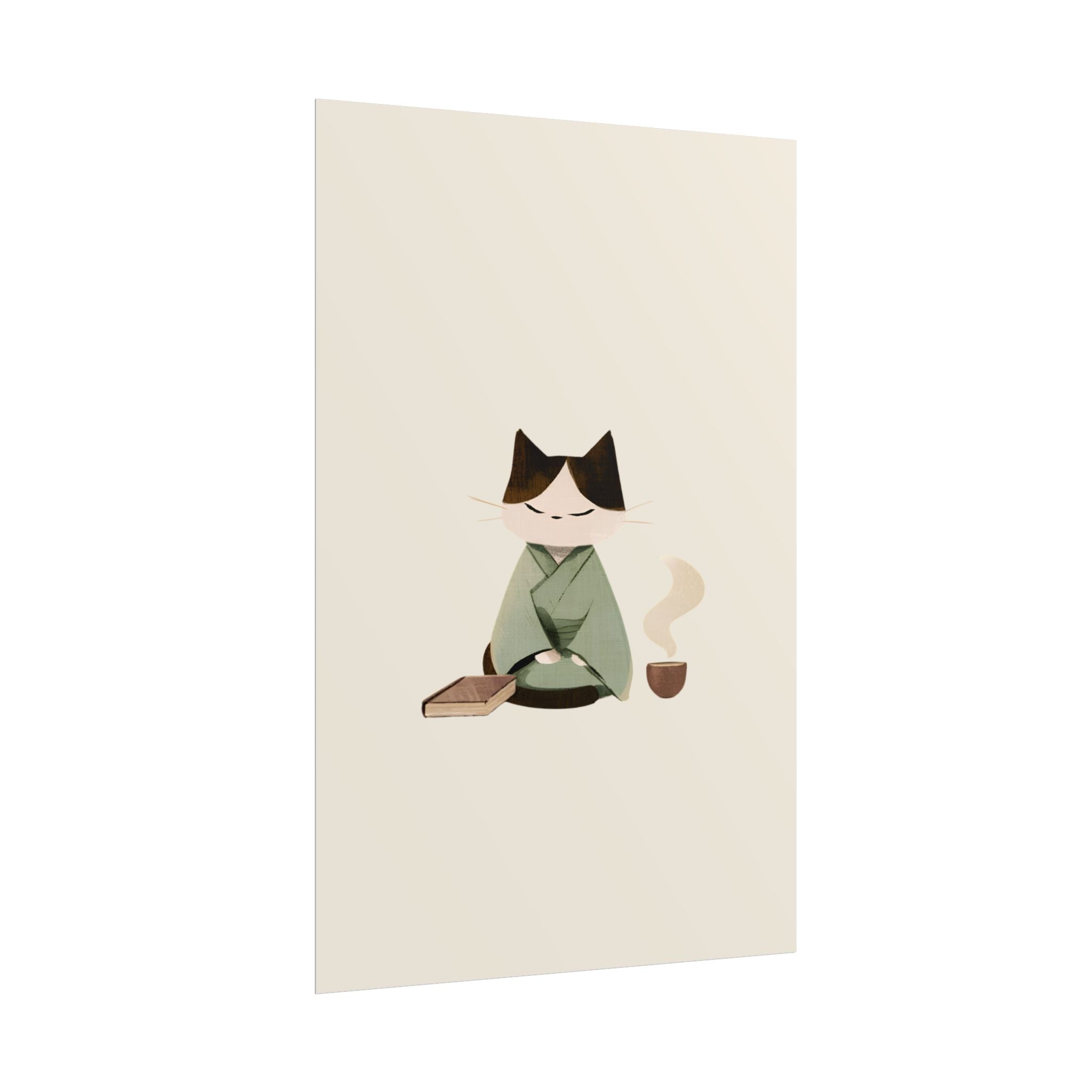 Zen Cat Tea Poster — Minimalist Rolled Art Print