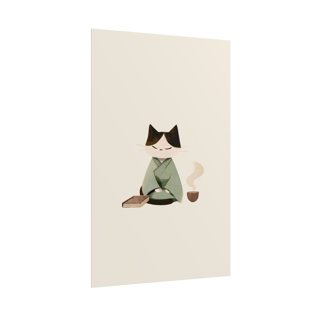 Zen Cat Tea Poster — Minimalist Rolled Art Print
