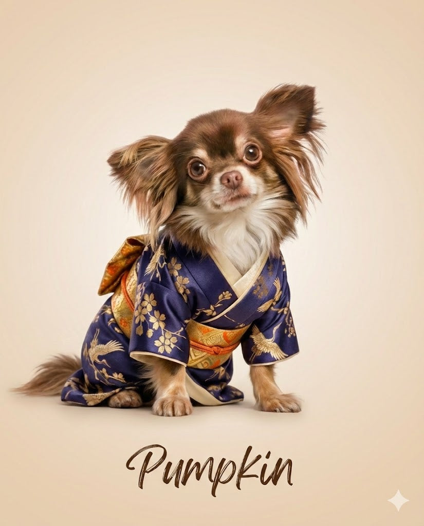 Dog wearing a kimono with 'Pumpkin' text on a beige background