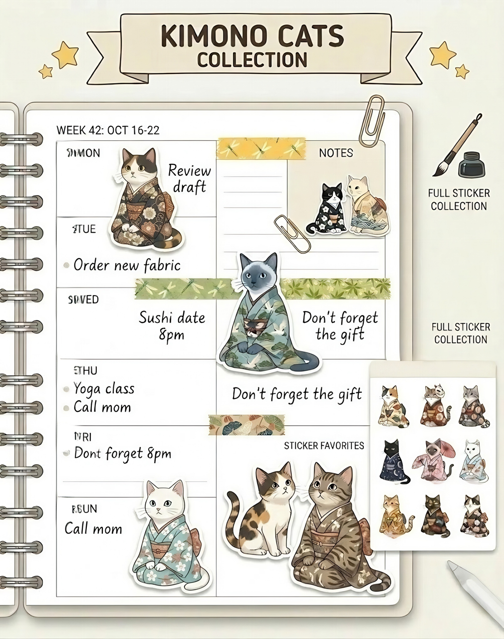 49 Bundle of Kimono Cat Stickers, Japanese Kawaii Clipart, Digital Planner PNG (Digital Download)