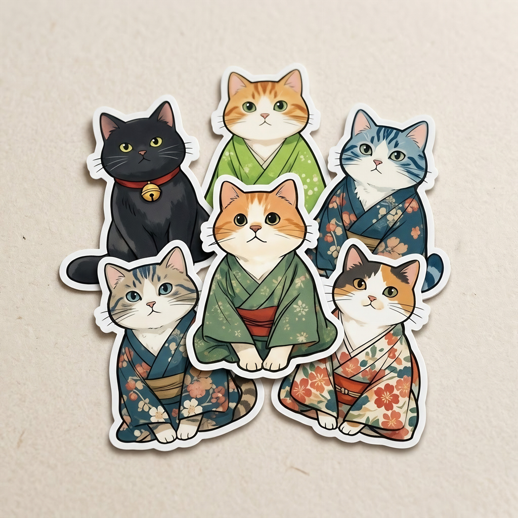 100+ Bundle - Contemplation Cats in Kimonos, Digital Sticker Pack
