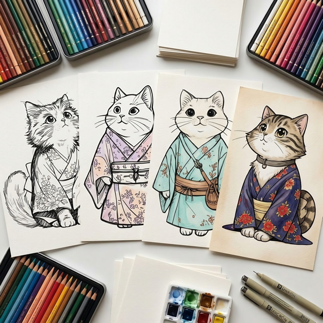 Kimono Cats Coloring Book – 99 Kawaii Japanese Pages (Digital Download)