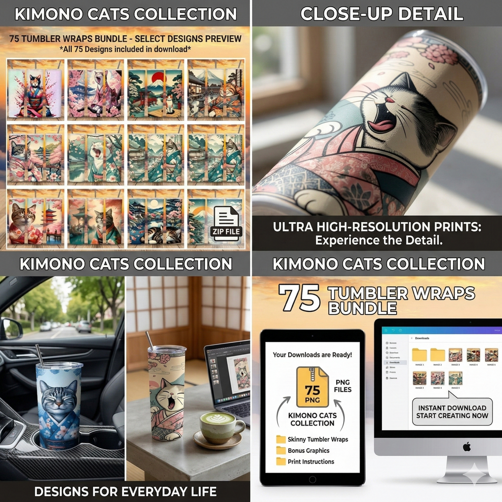 75 Kimono Cats Tumbler Wraps - 20oz PNG Bundle