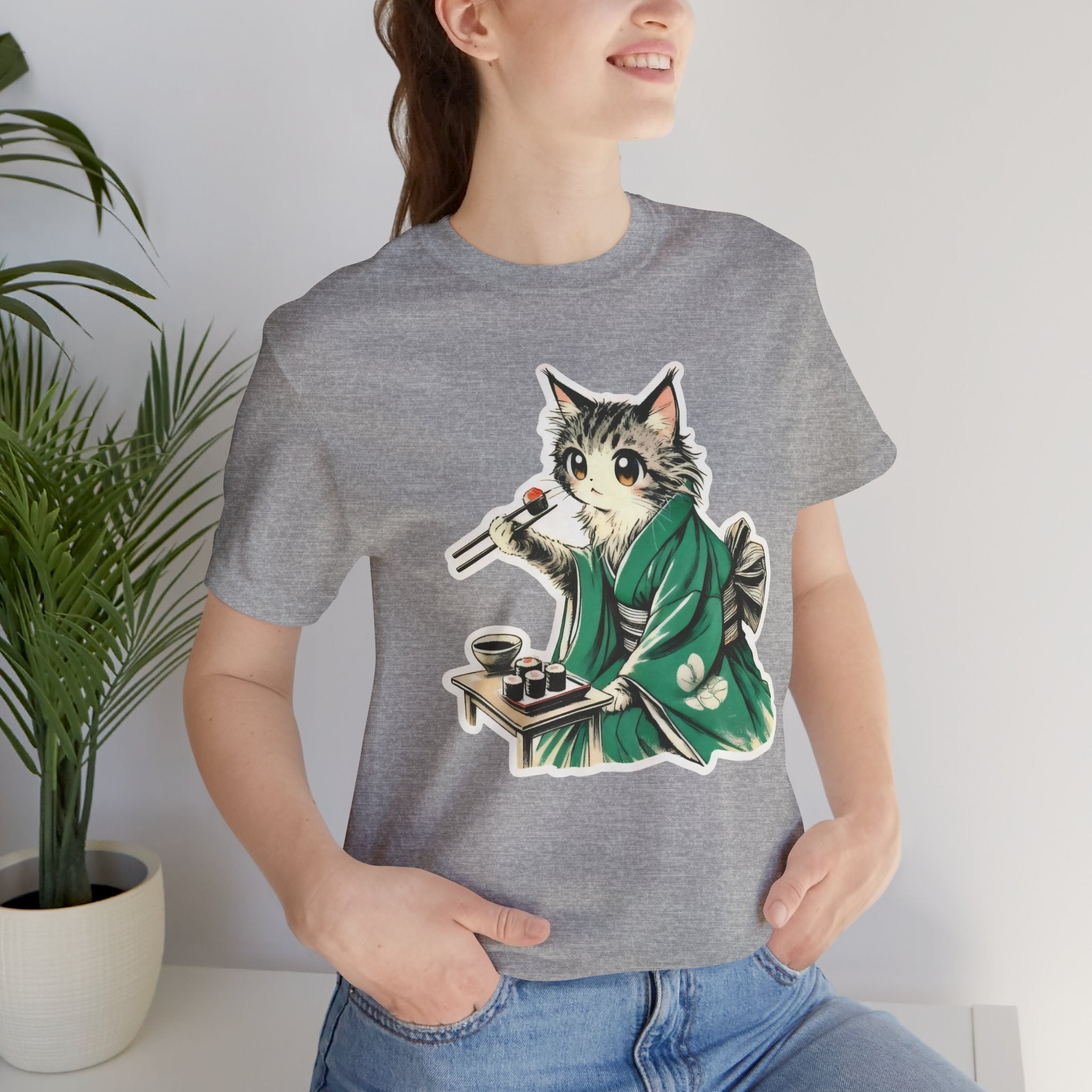 Kat Wearing Kimono Eating Sushi T-Shirt | Cute Japanese Cat Illustration