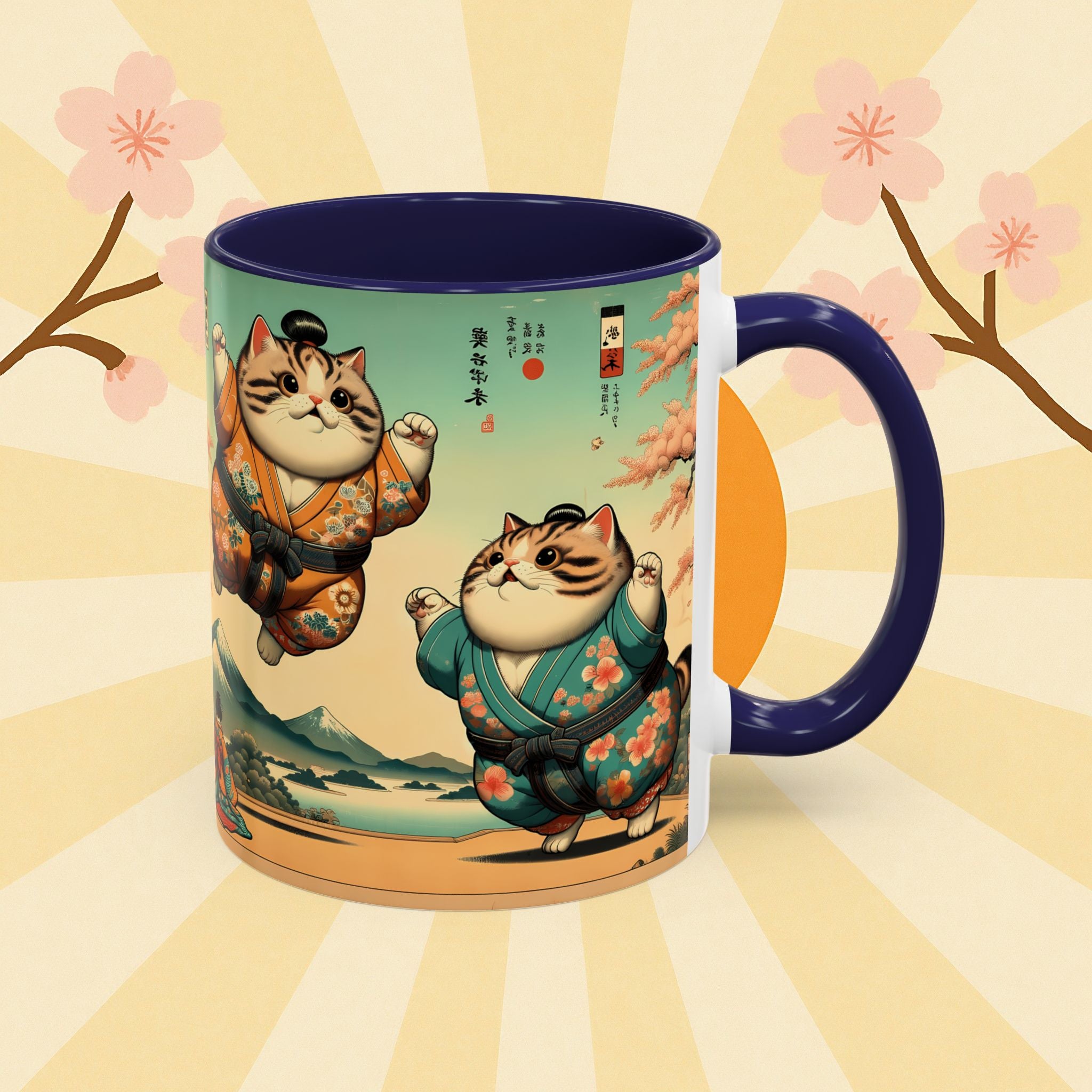 Sumo Cats Mug with Japanese Cherry Blossoms Design - Kimono Cats Collection