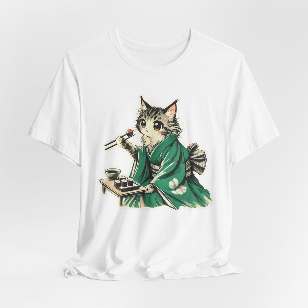 Kat Wearing Kimono Eating Sushi T-Shirt | Cute Japanese Cat Illustration