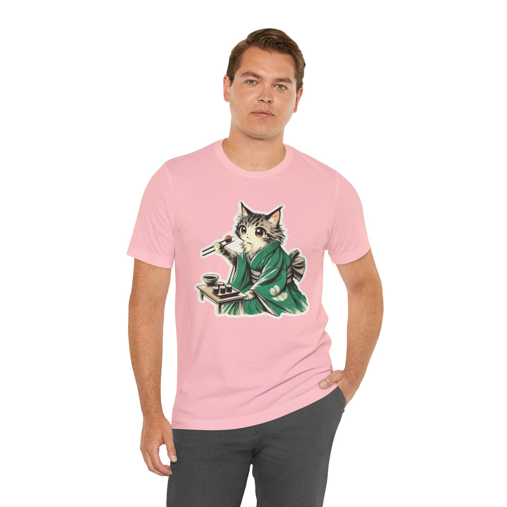 Kat Wearing Kimono Eating Sushi T-Shirt | Cute Japanese Cat Illustration