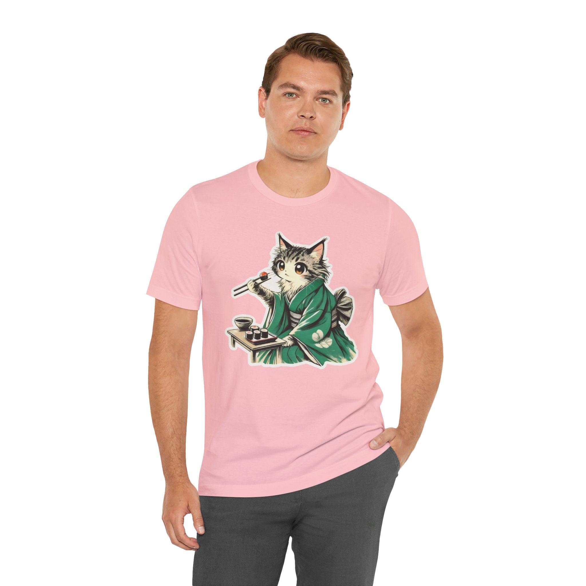 Kat Wearing Kimono Eating Sushi T-Shirt | Cute Japanese Cat Illustration