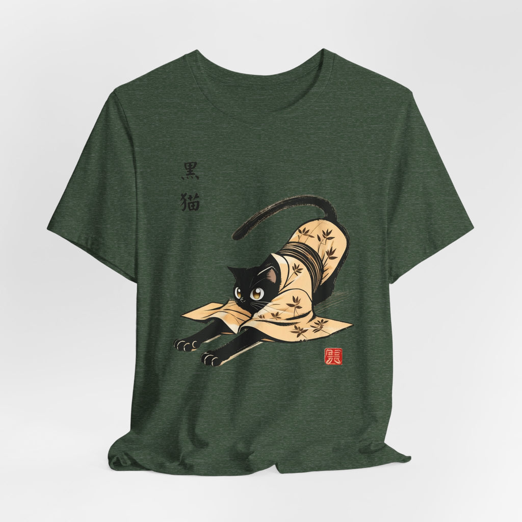 Yoga Black Cat Tee - Japan Kuro Neko in Kimono Design for Kundalini Yoga Enthusiasts - Kimono Cats Collection