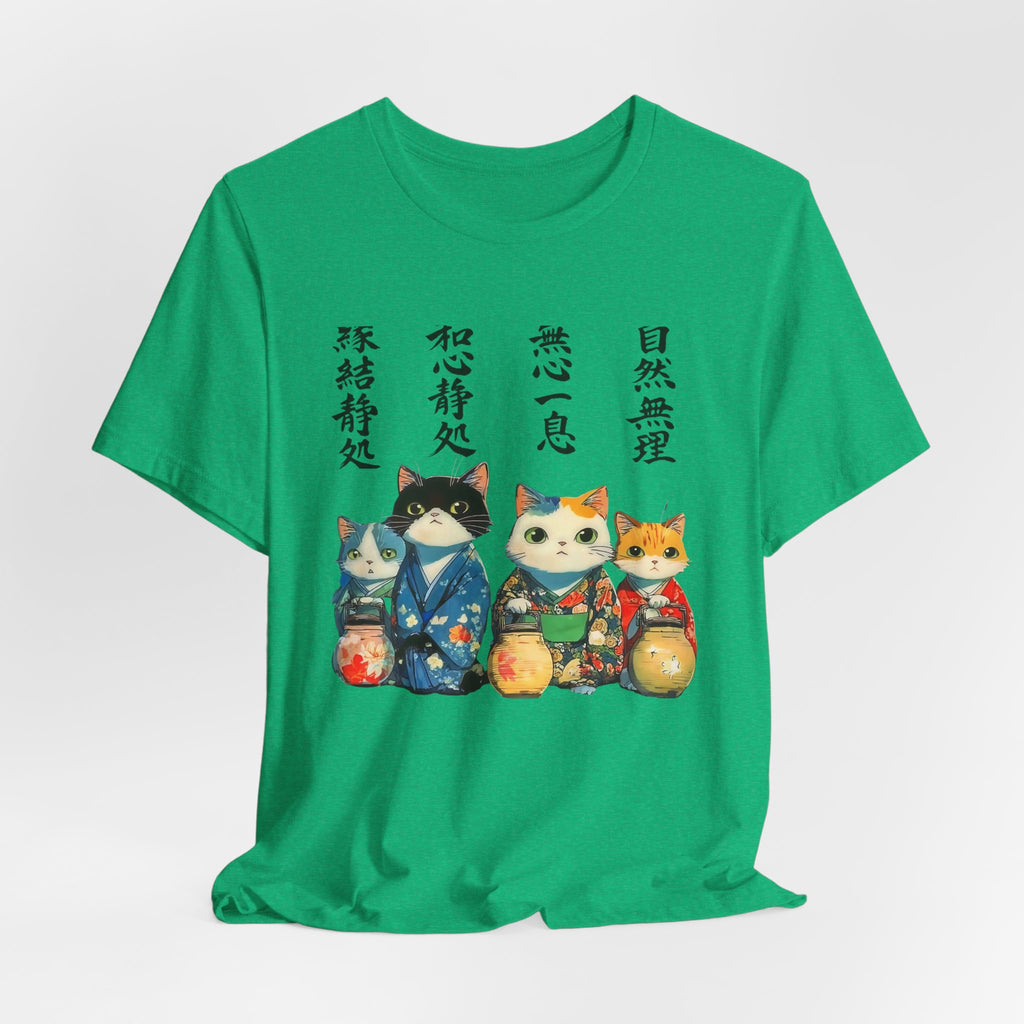 Zen Cats in Kimono Short Sleeve Tee | Japanese Lanterns, Watercolor Calligraphy