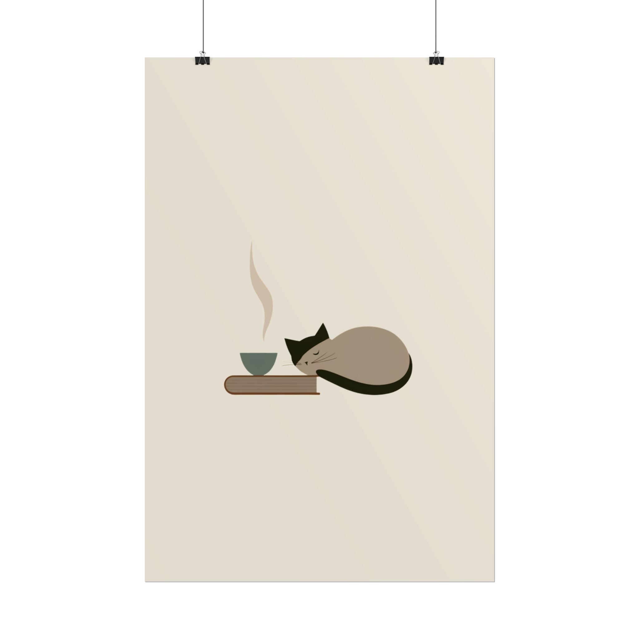 Minimalist Cat Nap Poster – Cozy Tea & Book Wall Art