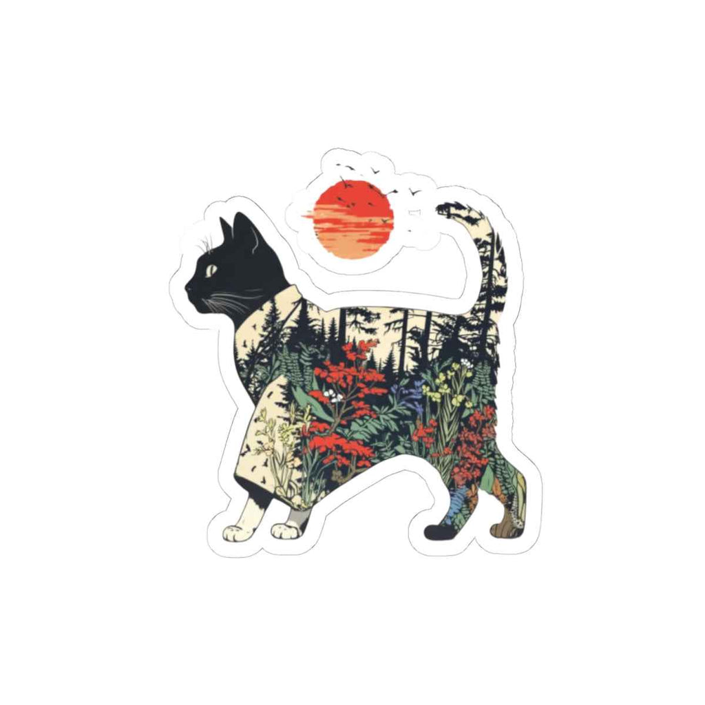 Nature Cat Kiss-Cut Sticker | Forest Landscape Cat with Sun