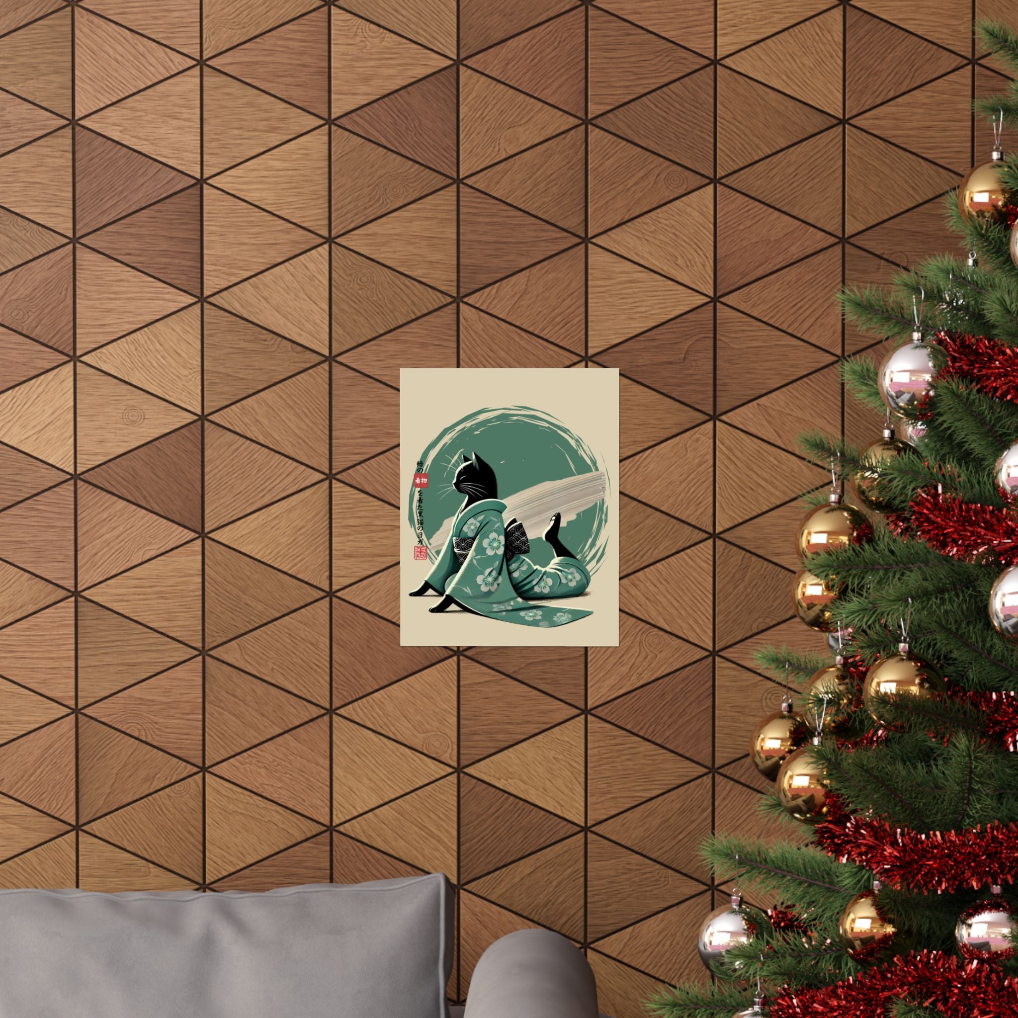 Yoga Black Cat in Green Kimono - Japanese Art Print