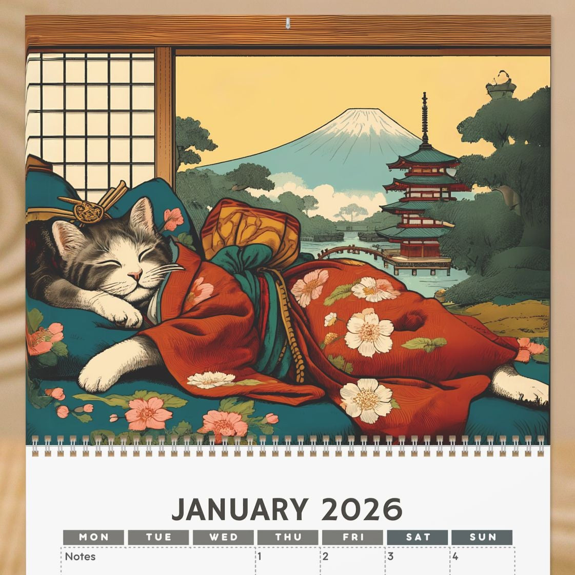 Calendar for January 2026 with a cat in a kimono design on a beige background