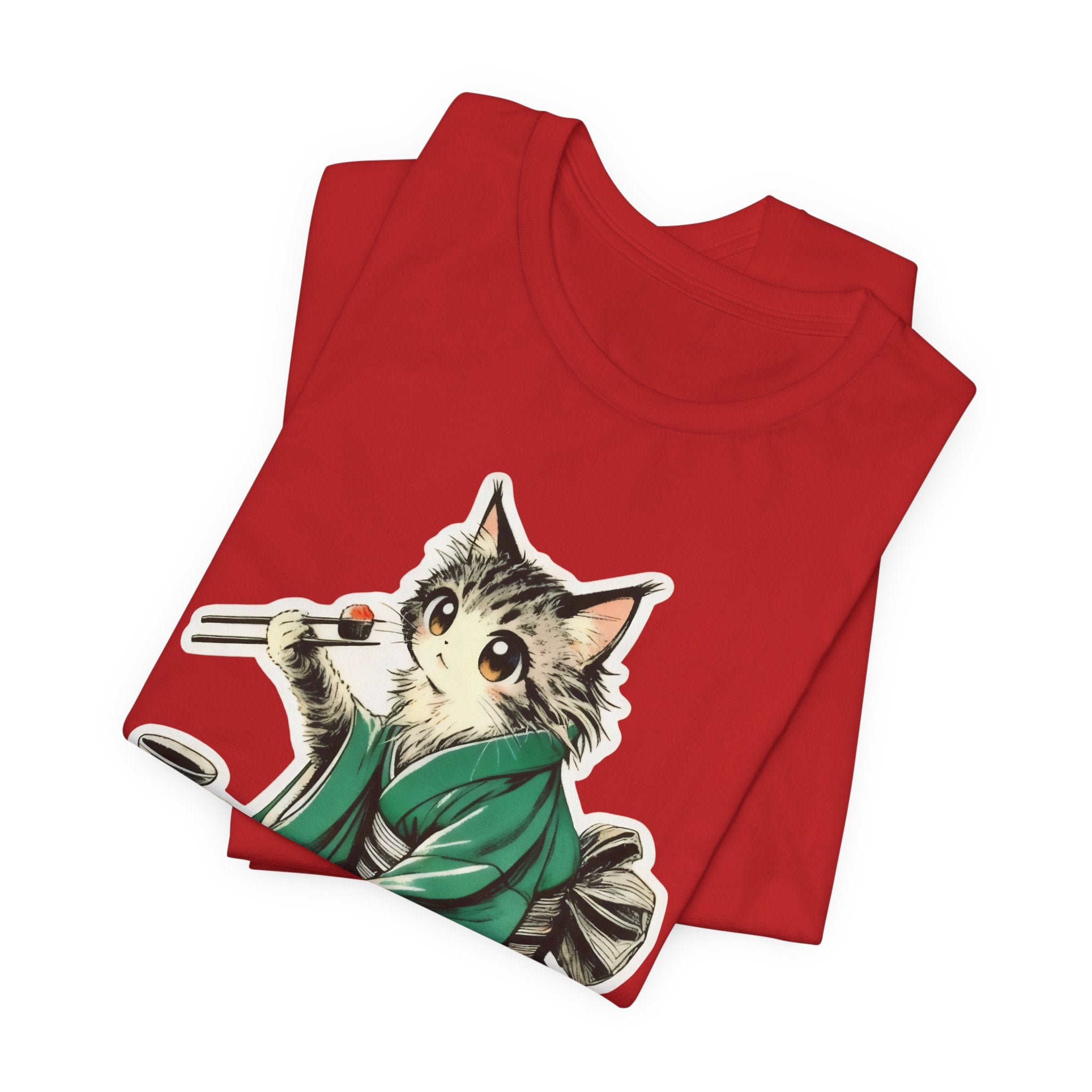 Kat Wearing Kimono Eating Sushi T-Shirt | Cute Japanese Cat Illustration