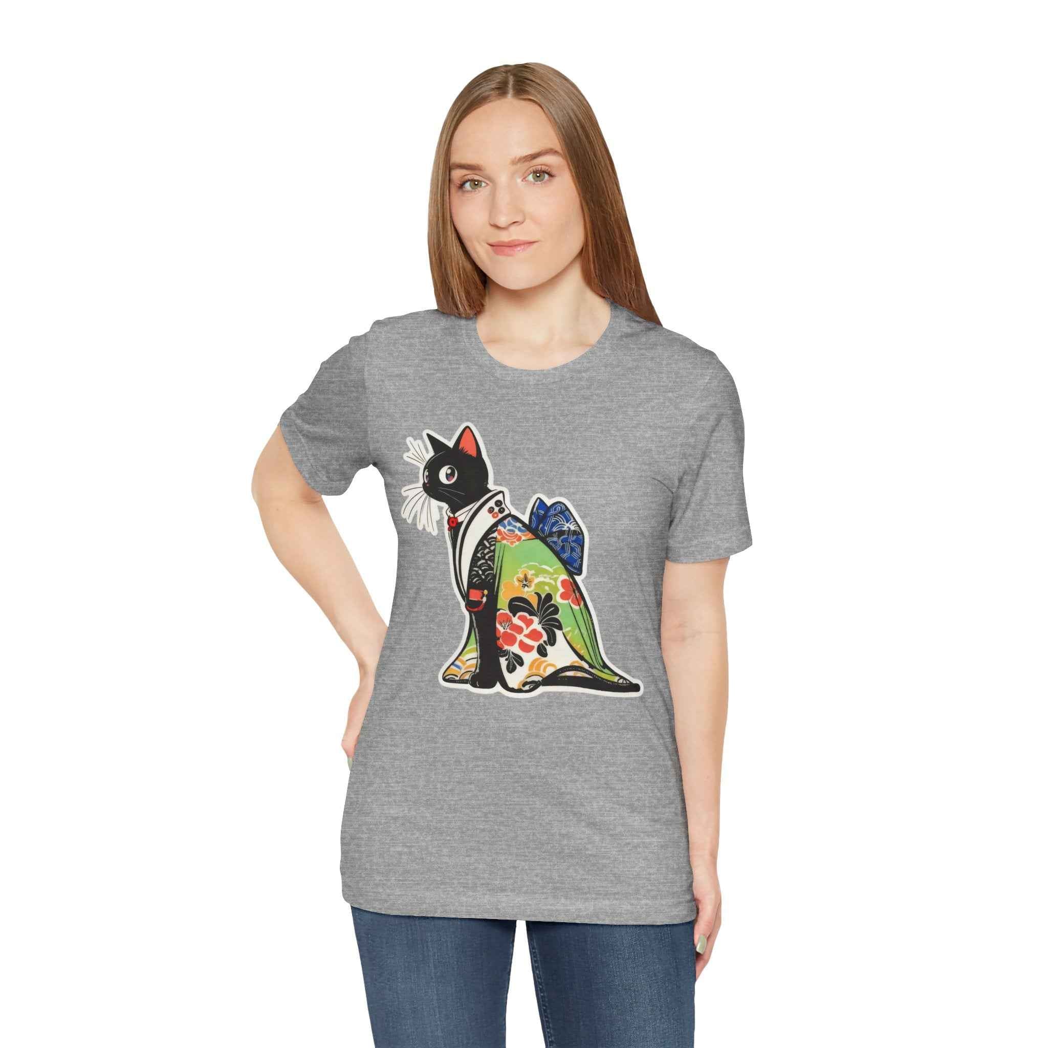 Cat Kimono T‑Shirt — Japanese Floral Black Cat Graphic Tee