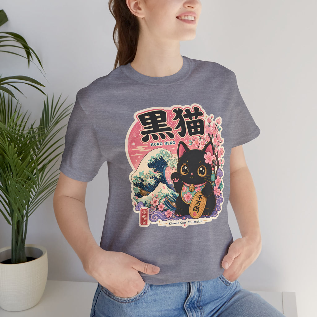 Maneki Neko Black Cat Tee | Japanese Lucky Cat, Sakura Waves Graphic Shirt