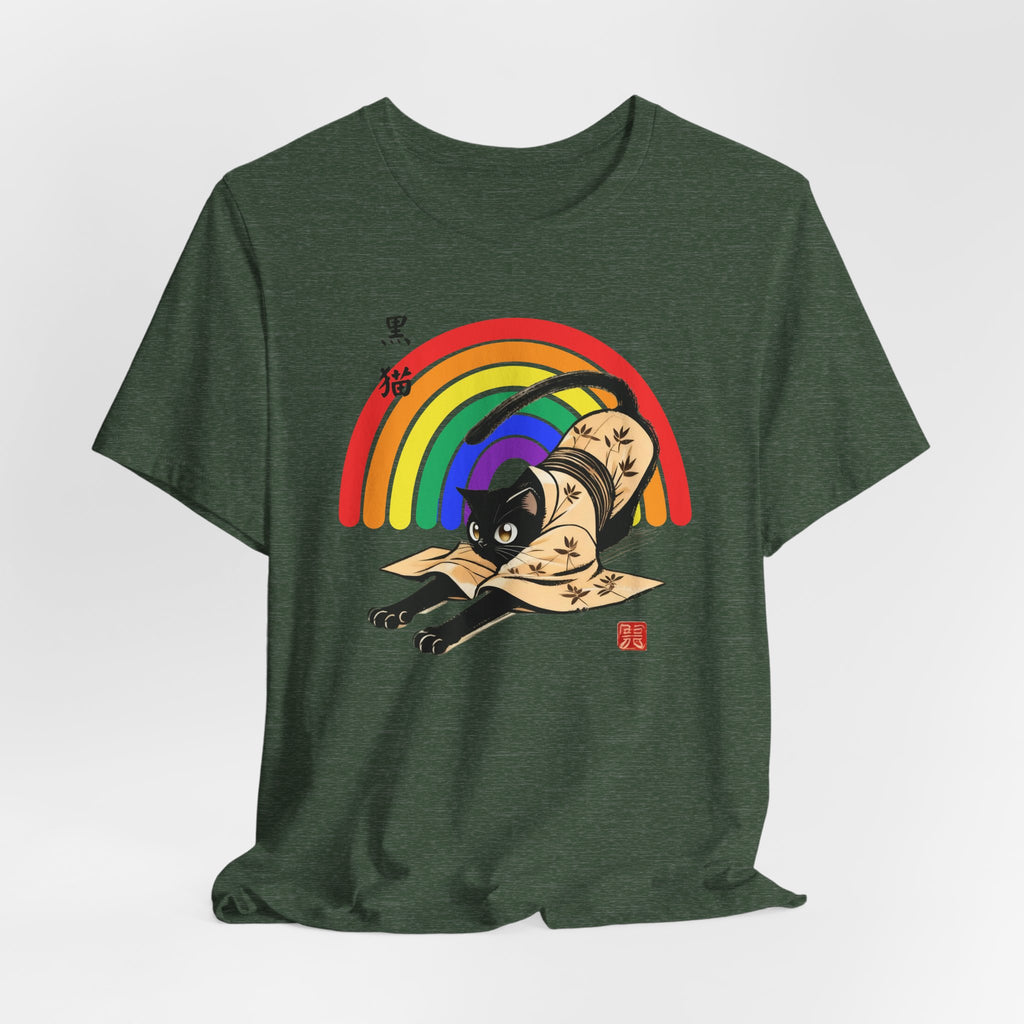Rainbow Kuro Neko T-Shirt | Yoga Cat Shirt in Black Cat Kimono Design - Kimono Cats Collection