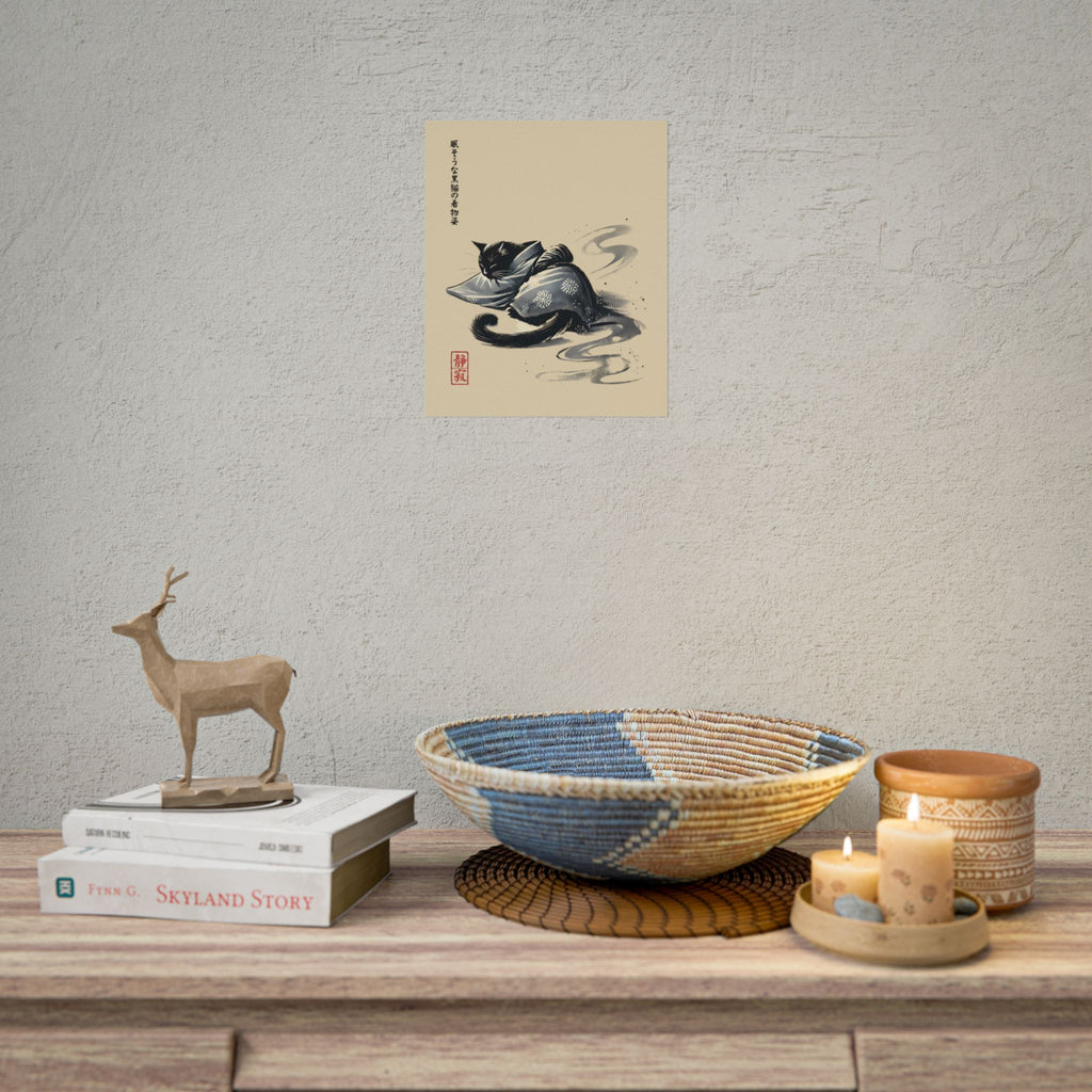 Sleeping Black Cat in Kimono – Sumi-e Zen Art Print