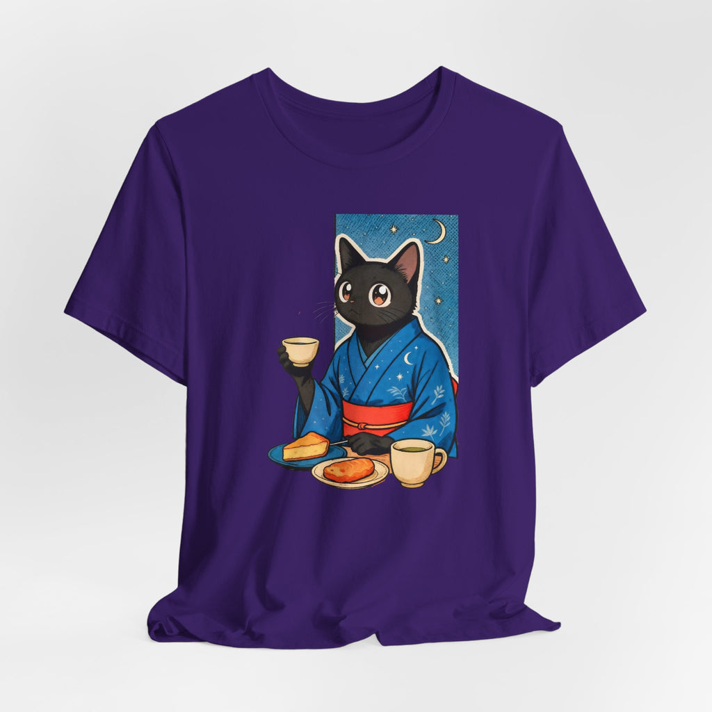 Midnight Tea Cat Shirt - Japanese Kimono Black Cat Tee | Cozy Night Aesthetic
