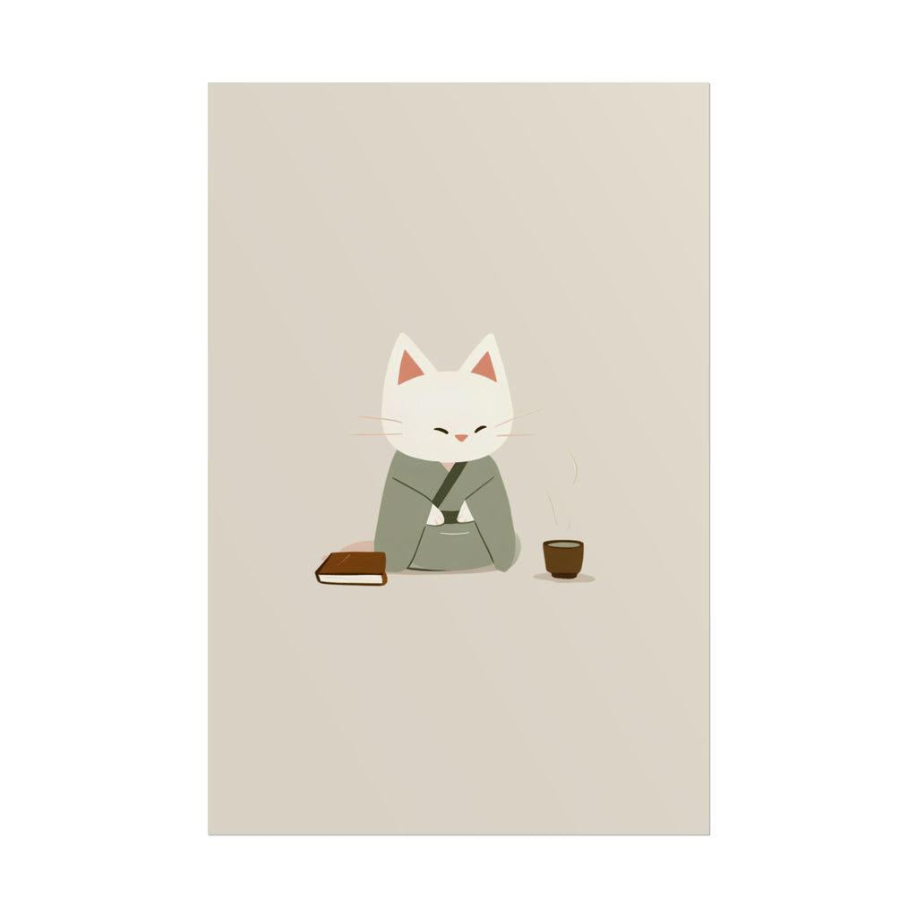 Zen Cat Poster – Minimalist Japanese Tea & Book Wall Art