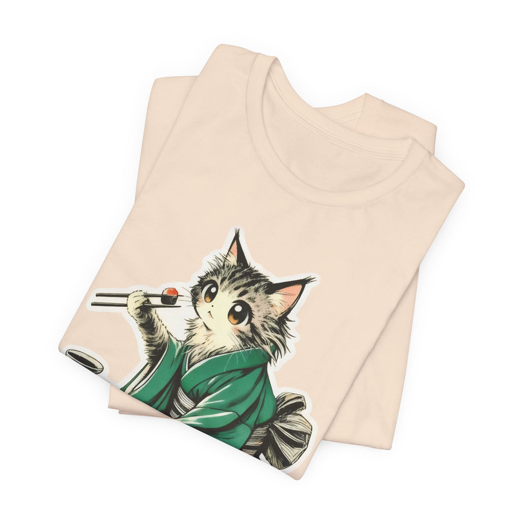 Kat Wearing Kimono Eating Sushi T-Shirt | Cute Japanese Cat Illustration