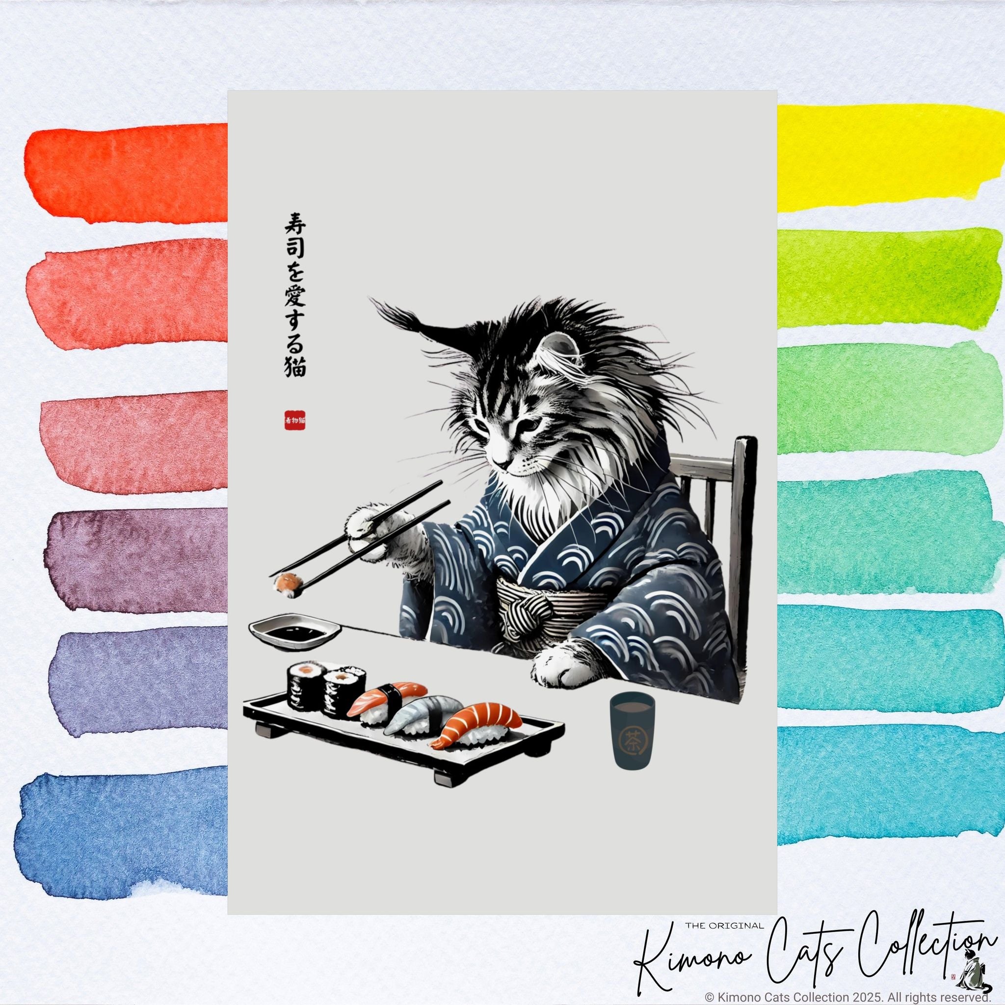 Sushi Cat Art Print - Japanese Sumi-e Maine Coon Wall Decor