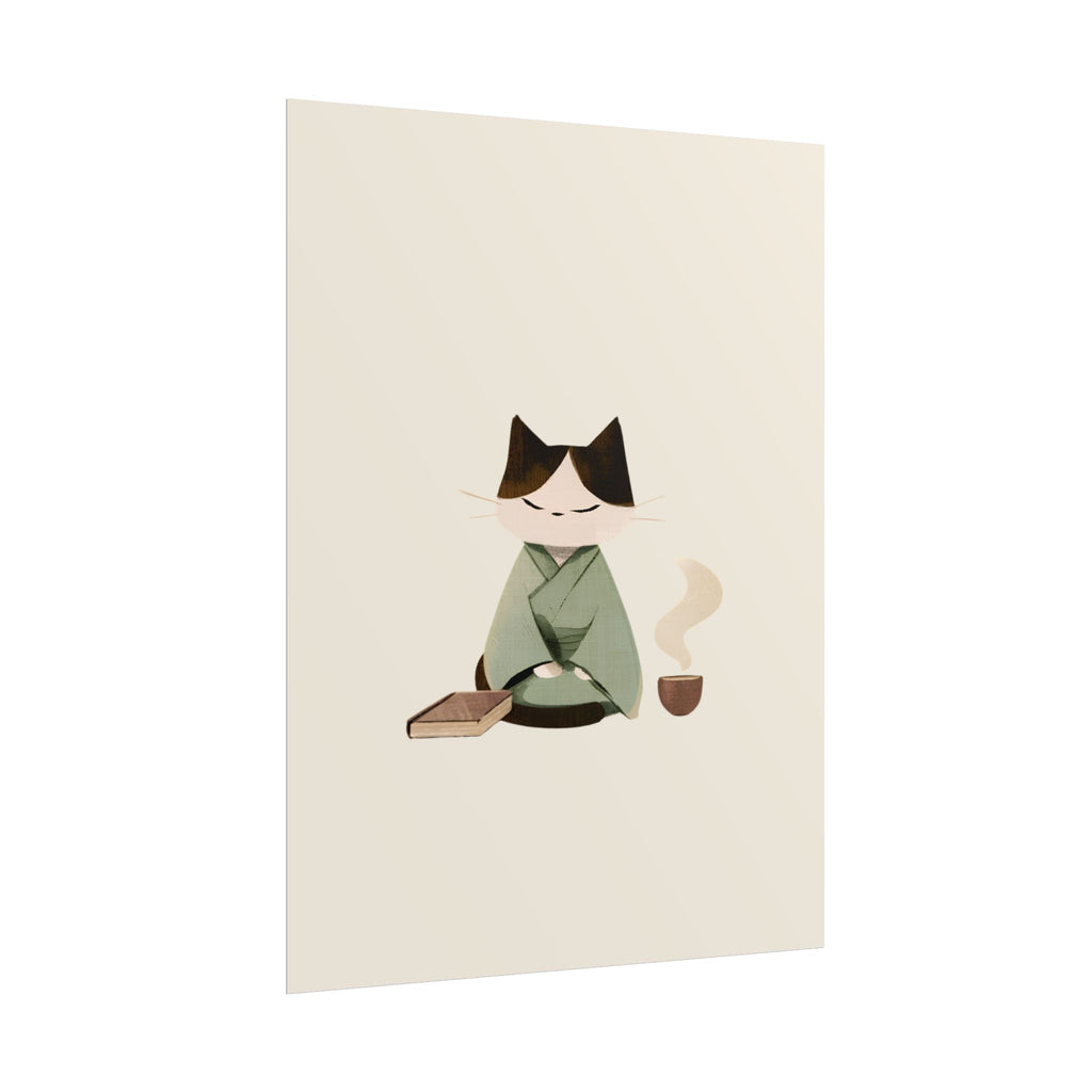 Zen Cat Tea Poster — Minimalist Rolled Art Print