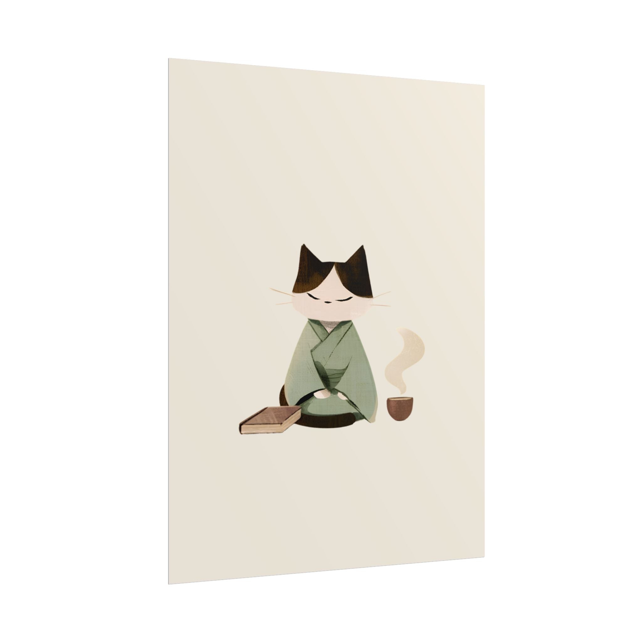 Zen Cat Tea Poster — Minimalist Rolled Art Print