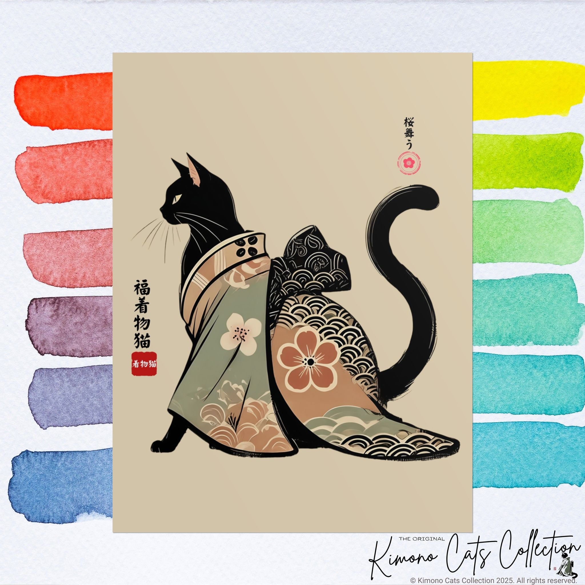 Lucky Kimono Cat Wall Art – 福着物猫 | Japanese Sumi-e Print