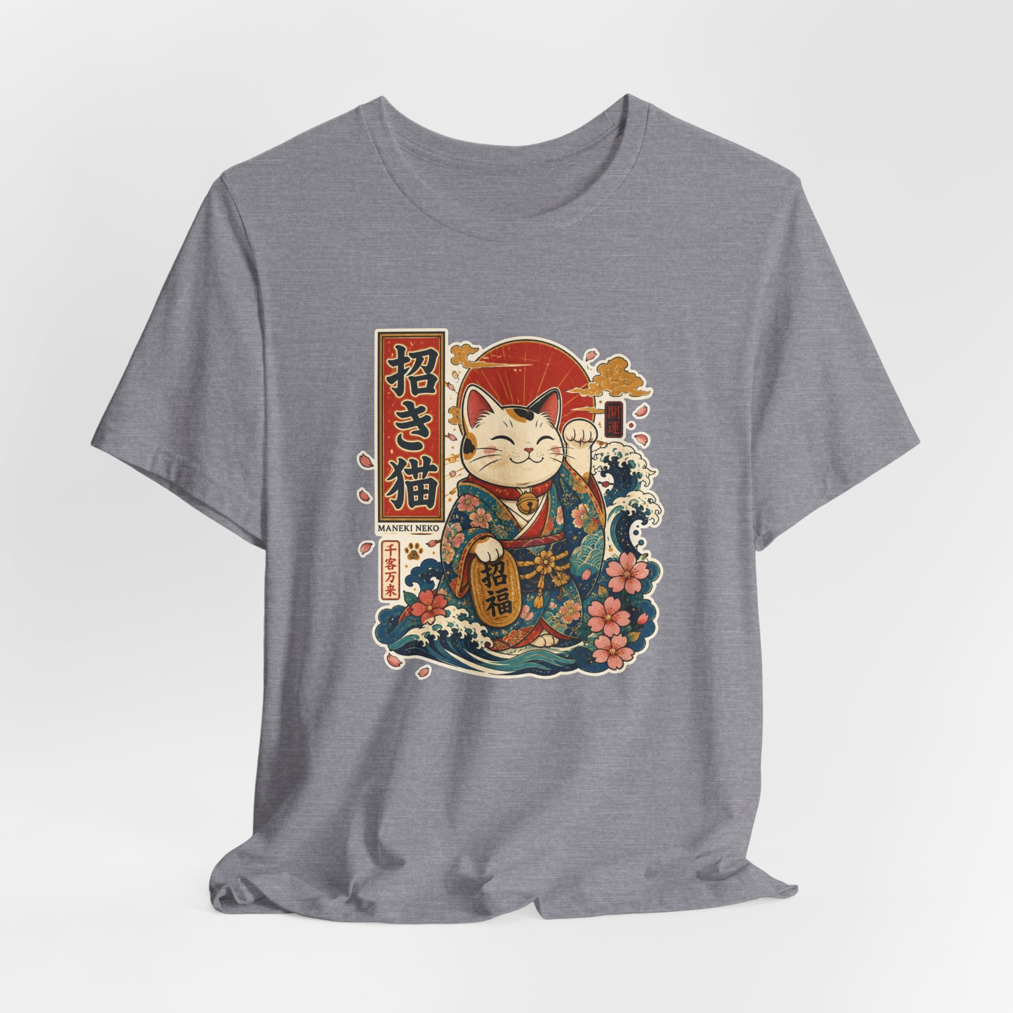 Maneki Neko Lucky Cat T-Shirt — Japanese Wave & Floral Good Fortune Tee