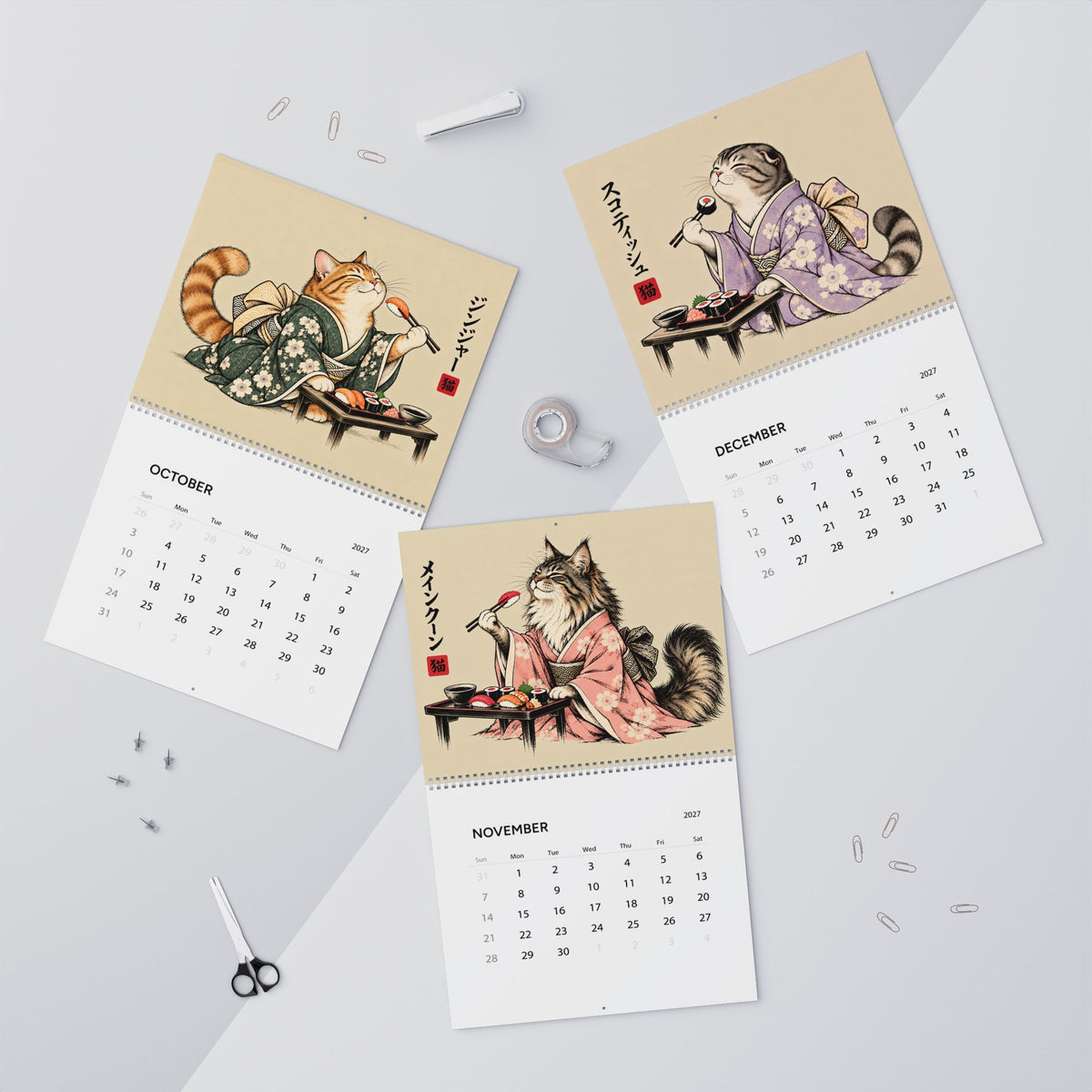 Japanese Cat Sushi Art Wall Calendar 2027
