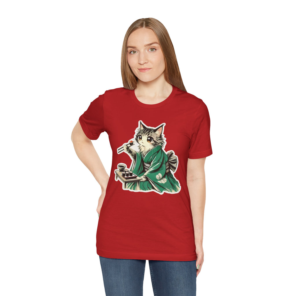 Kat Wearing Kimono Eating Sushi T-Shirt | Cute Japanese Cat Illustration