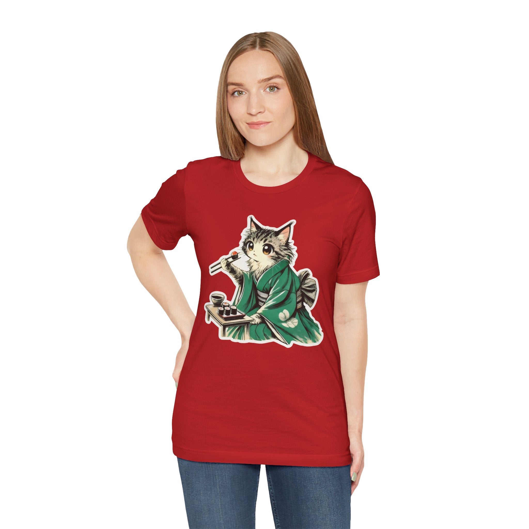 Kat Wearing Kimono Eating Sushi T-Shirt | Cute Japanese Cat Illustration