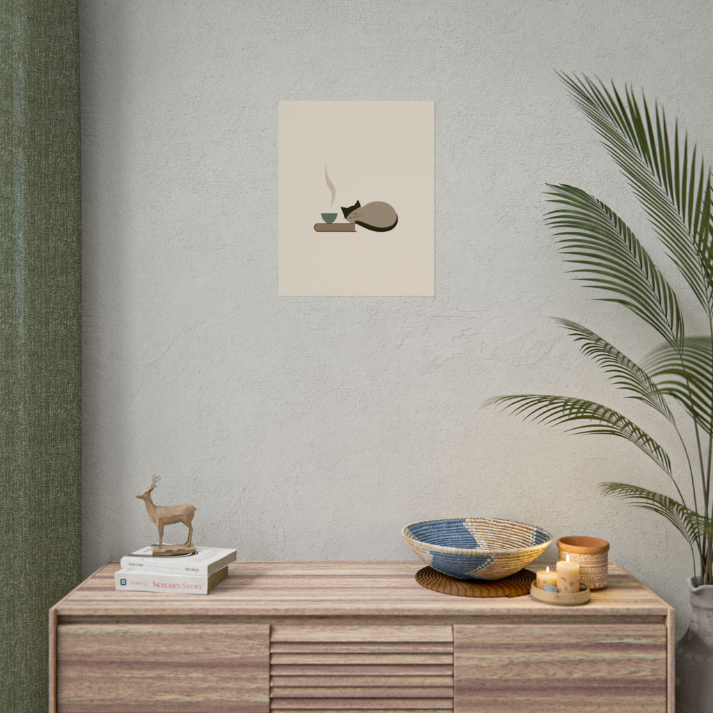 Sleeping Cat with Tea Rolled Poster | Minimal Cozy Wall Art